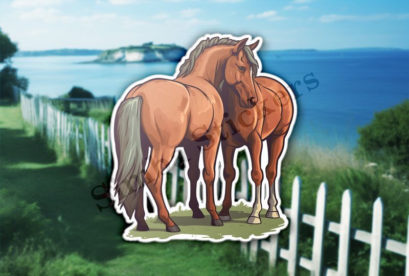 Two brown horses on green grass