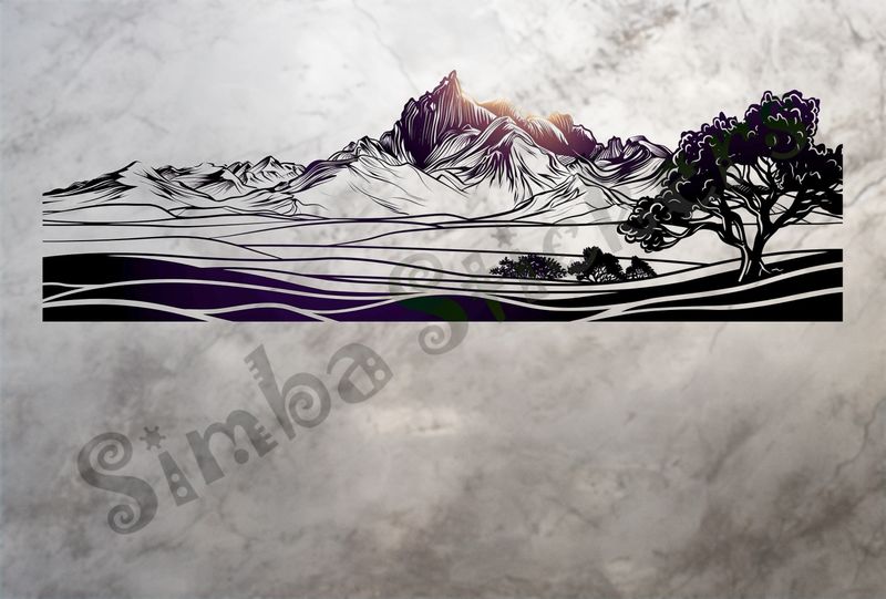 African Savanna landscape, sunny mountain range, outline art
