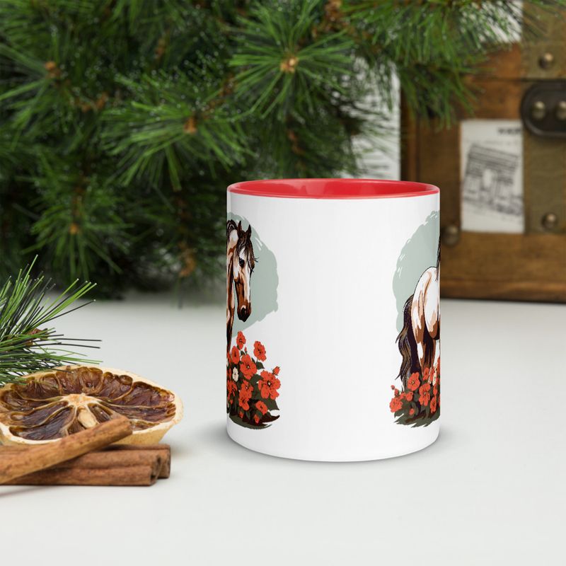 White Ceramic Mug with Color Inside, 11&amp;15oz, Brown horse in field of red flowers, n4w2fj