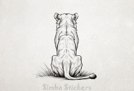 Lioness sitting with tail on the side, from the back, outline art, grpgy1