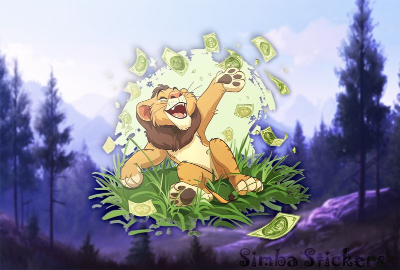 Simba Lion cub happily throwing up money in green grass