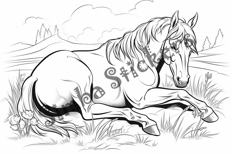 Colouring pages, bundle of horses on stomach, 10 images