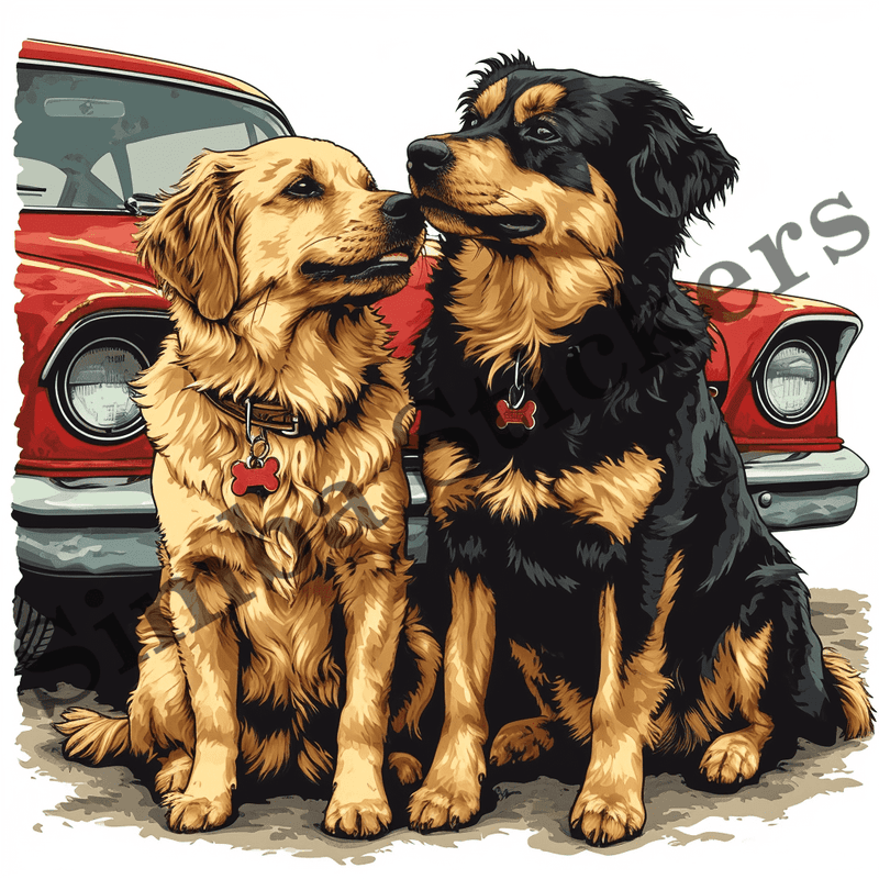 Dogs snuggling by car, watercolour, image set, 10 images