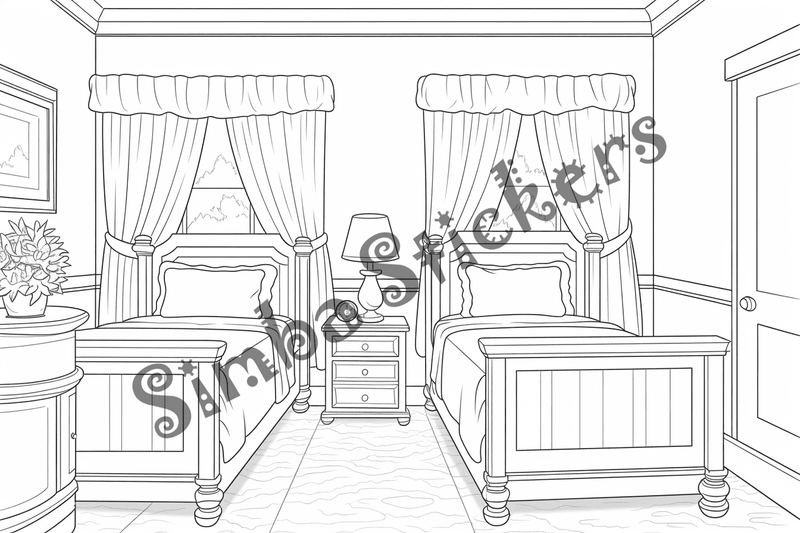 Colouring pages, bundle of house bedrooms, simple, 10 images