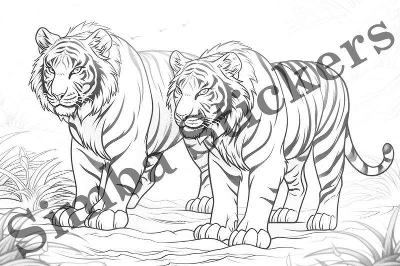 Colouring pages, bundle of tigers, family-oriented, 10 images