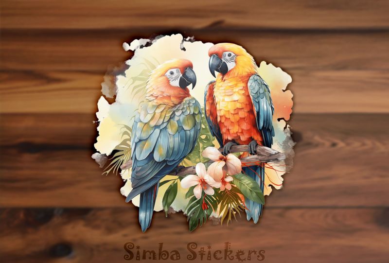 Multi-coloured parrots in love perching above flowers, watercolour, bqamxe