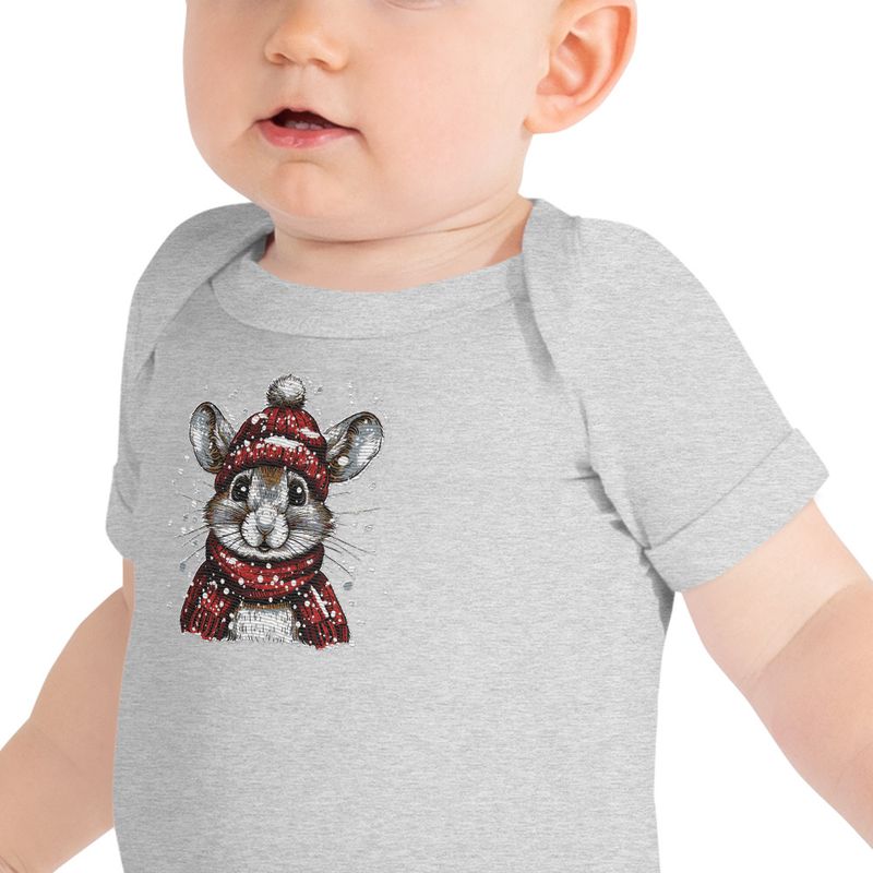 Embroidered Baby Short Sleeve One Piece, Mouse wearing red winter hat and scarf in the snow, xg8dl3