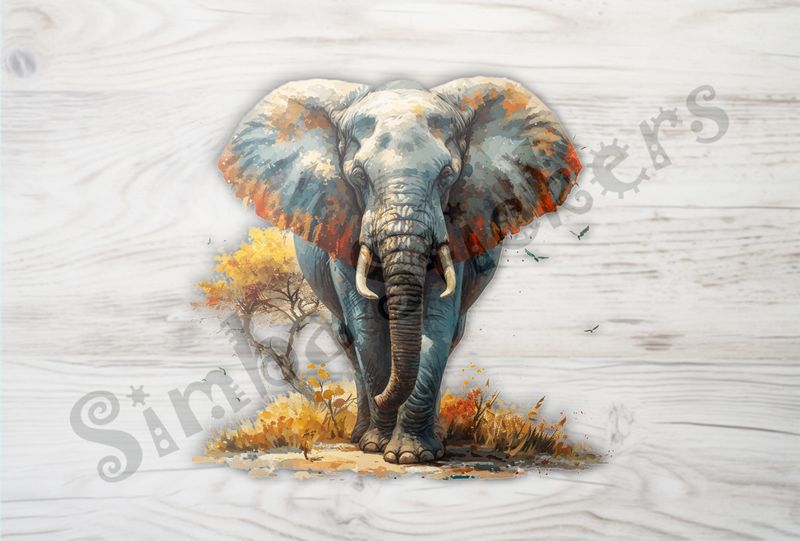 Elephant walking, birds flying in background, watercolour