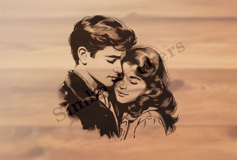 Young couple in warm embrace, outline art