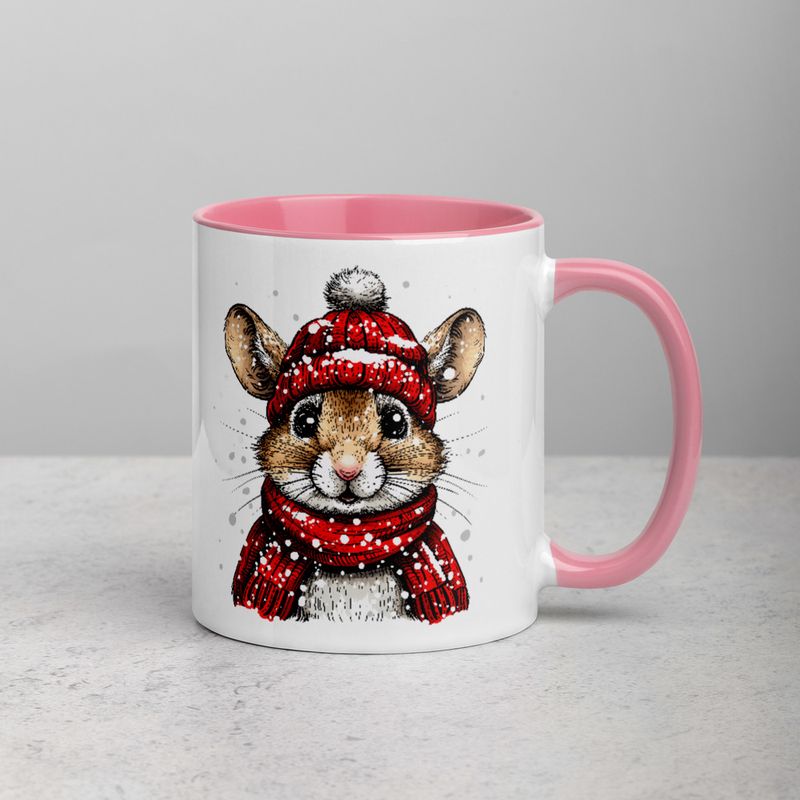 White Ceramic Mug with Color Inside, 11&amp;15oz, Mouse wearing red winter hat and scarf in snow, xg8dl3