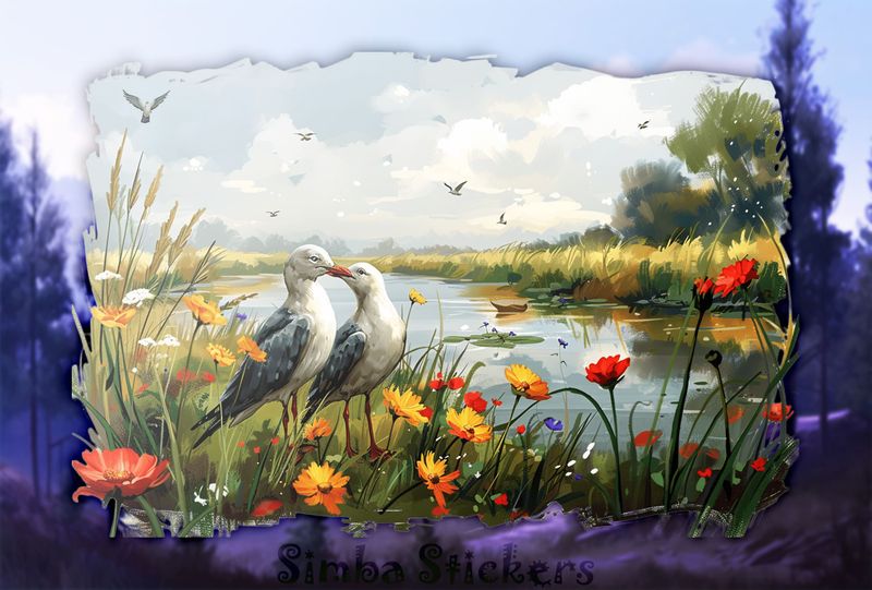Seagulls in love on the bank of a creek, watercolour, cwaguy