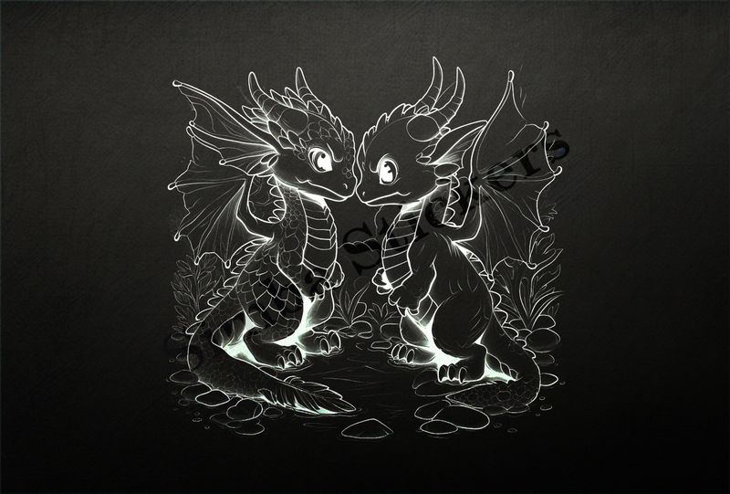 Baby dragons nose-to-nose in love, outline art