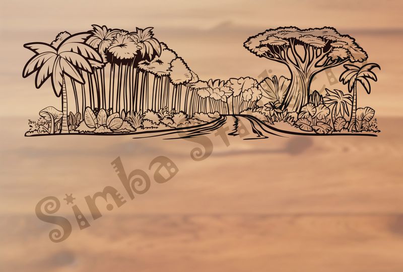 Equatorial Rainforest landscape, trees with large leaves, outline art