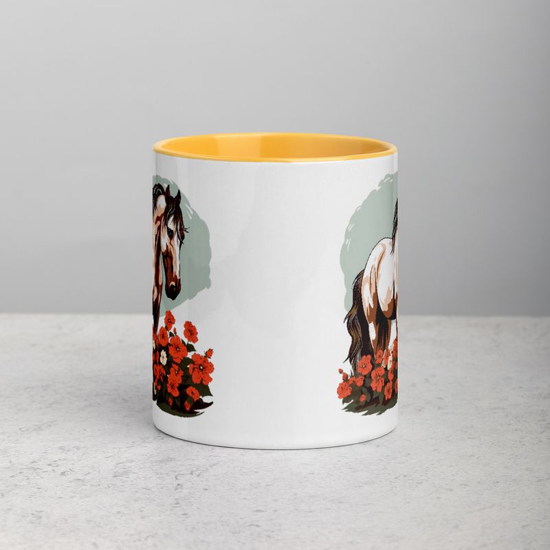 White Ceramic Mug with Color Inside, 11&amp;15oz, Brown horse in field of red flowers, n4w2fj