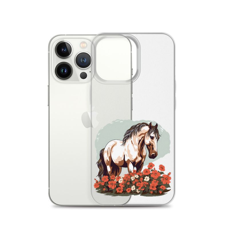 Clear Case for iPhone, Brown horse in field of red flowers, n4w2fj