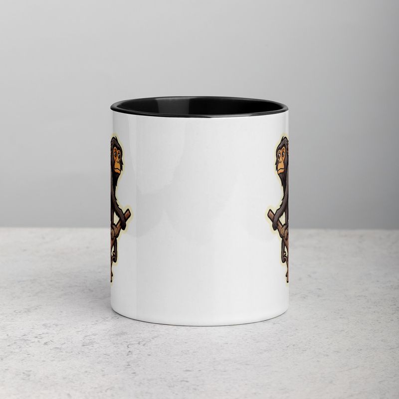 White Ceramic Mug with Color Inside, 11oz &amp; 15oz, Baboon on a tree, looking sad, head-to-head