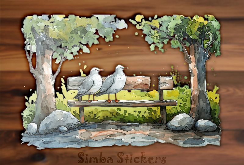 Seagulls on a park bench, watercolour, mzstmr
