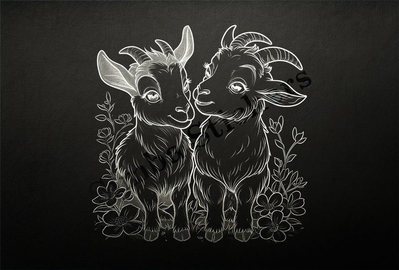 Goat kids in love, with flowers, outline art