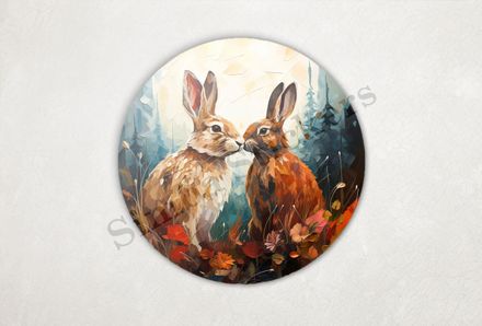 Rabbits in love in autumn leaves, oil painting