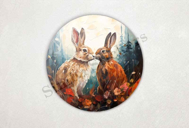 Rabbits in love in autumn leaves, oil painting
