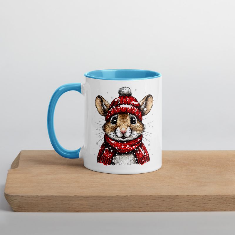 White Ceramic Mug with Color Inside, 11&amp;15oz, Mouse wearing red winter hat and scarf in snow, xg8dl3