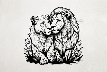 Male lion with lioness, outline art