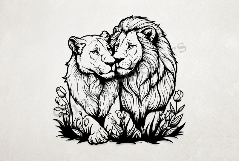 Male lion with lioness, outline art