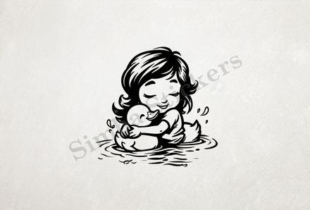 Small girl hugging duckling in a pond, outline art