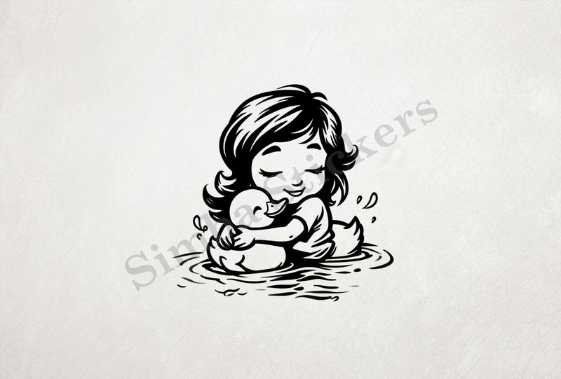 Small girl hugging duckling in a pond, outline art
