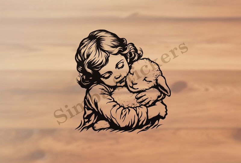Small lamb cheek-to-cheek with girl , outline art