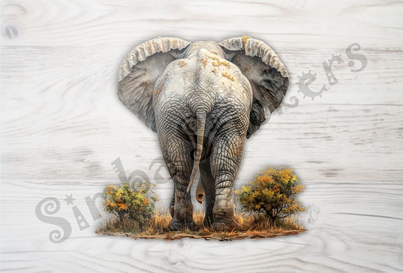 Elephant walking, tail slightly to the left, from behind