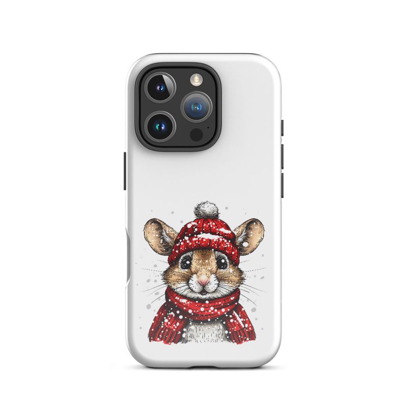 Tough Case for iPhone, Mouse wearing red winter hat and scarf in the snow, xg8dl3