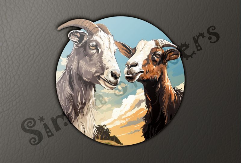 Goats in love, under partially cloudy sky, next to forest