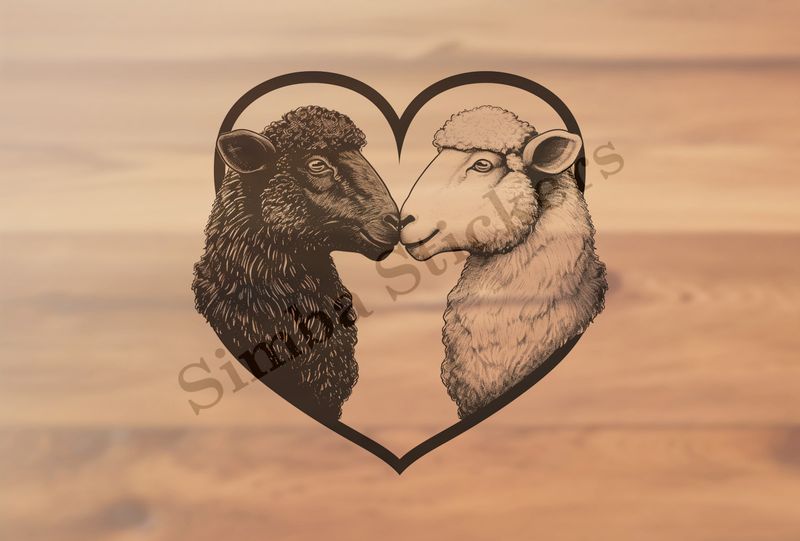 Sheep in love, one white, one black, outline art