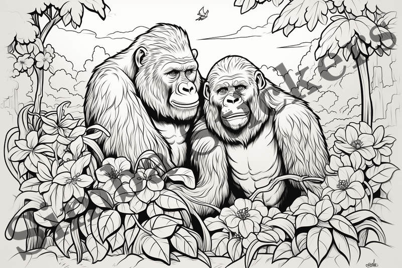 Colouring pages, bundle of gorillas in love, 10 images