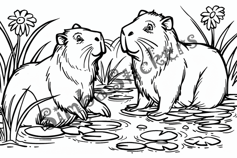 Colouring pages, bundle of capybaras in water, 10 images
