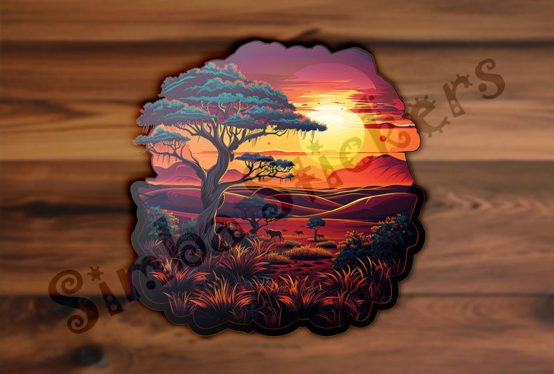African Savanna landscape, under red sunset