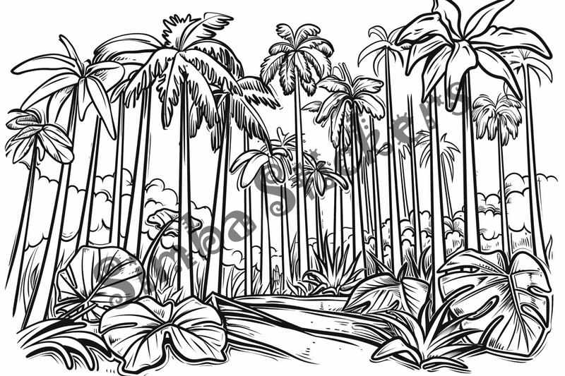 Colouring pages, bundle of Equatorial Rainforest landscape vegetation, 10 images
