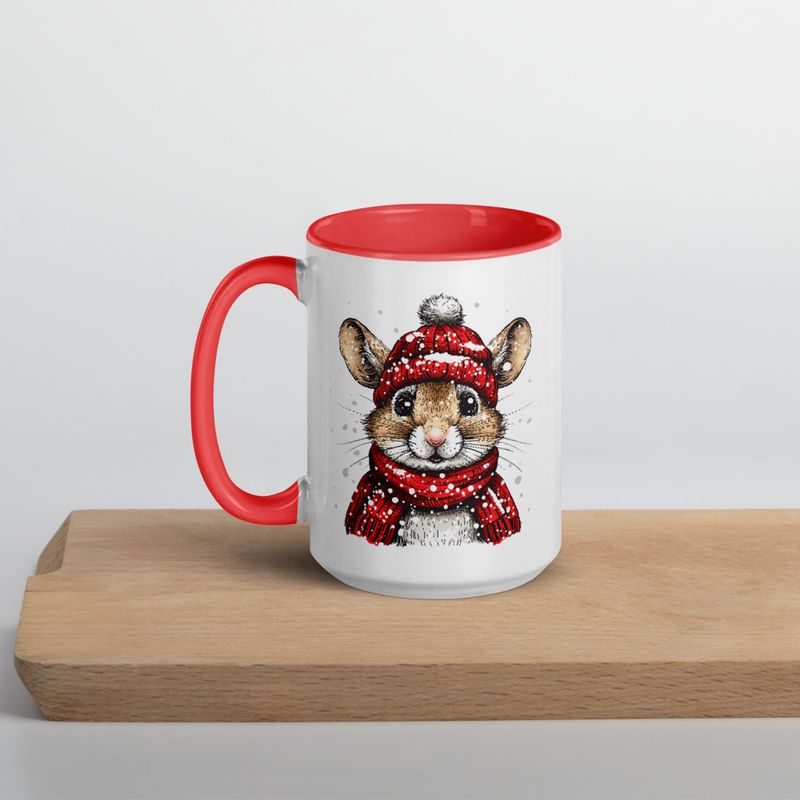 White Ceramic Mug with Color Inside, 11&amp;15oz, Mouse wearing red winter hat and scarf in snow, xg8dl3