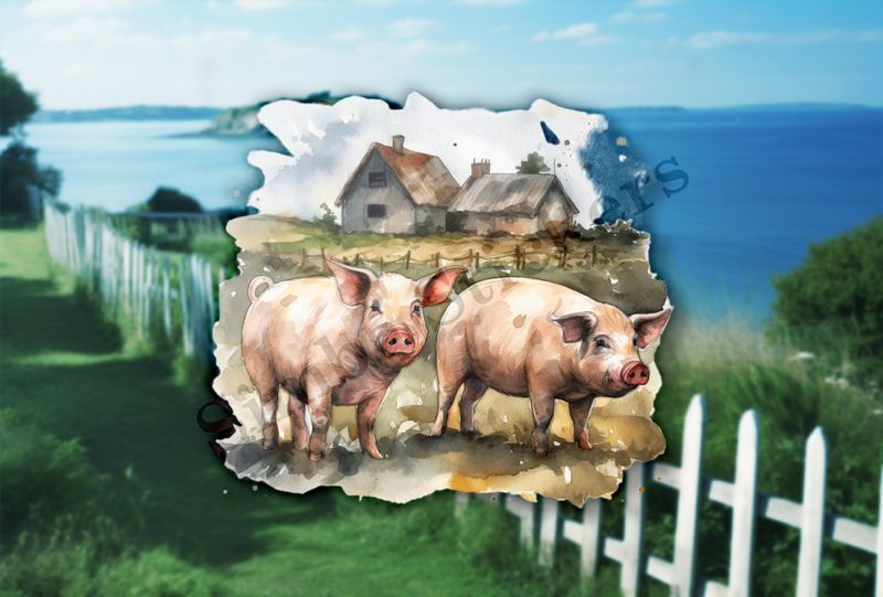 Two pigs on a farm, watercolour