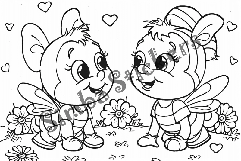 Colouring pages, bundle of bees in love, 25 images