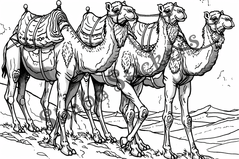 Colouring pages, bundle of Sahara Desert landscape with camels and dromedars, 10 images