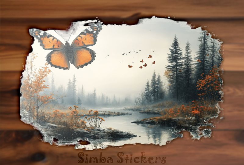 Butterfliy floating above a river, vintage, h4h6qc