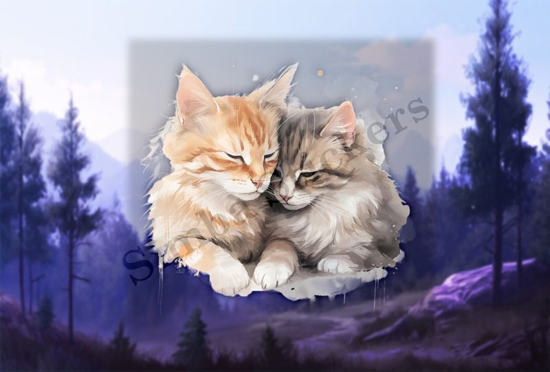 Cats cuddling, watercolour
