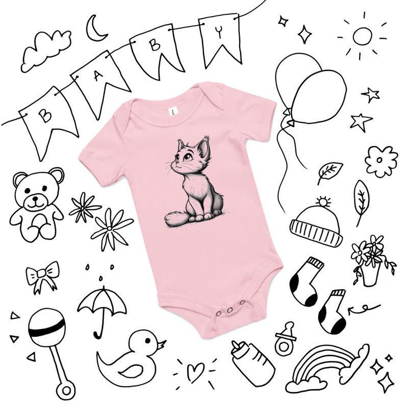 Baby Short Sleeve One Piece, 3-24 Months, Cat kitten sitting up, looking cute, mirrored