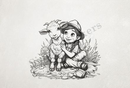 Goat kid hugged by girl, outline art