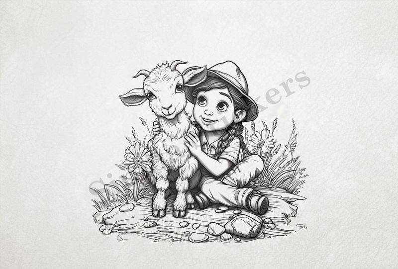 Goat kid hugged by girl, outline art