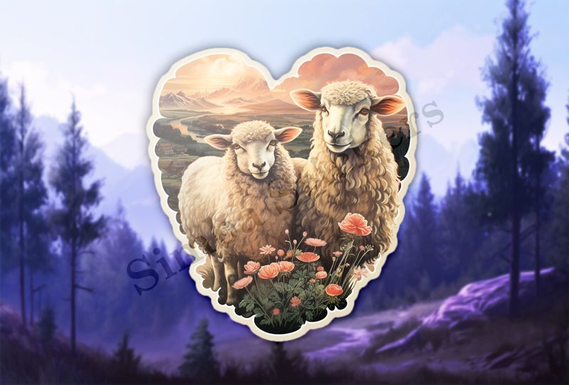 Sheep ewe and ram in love, picturesque background, vintage