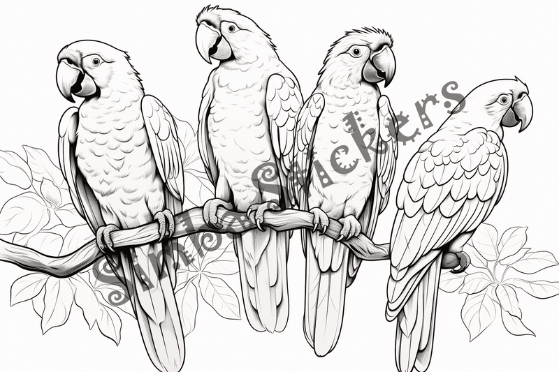 Colouring pages, bundle of parrots, 25 images