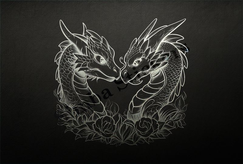 Baby dragons nose-to-nose in love,  wrapped in flowers, outline art